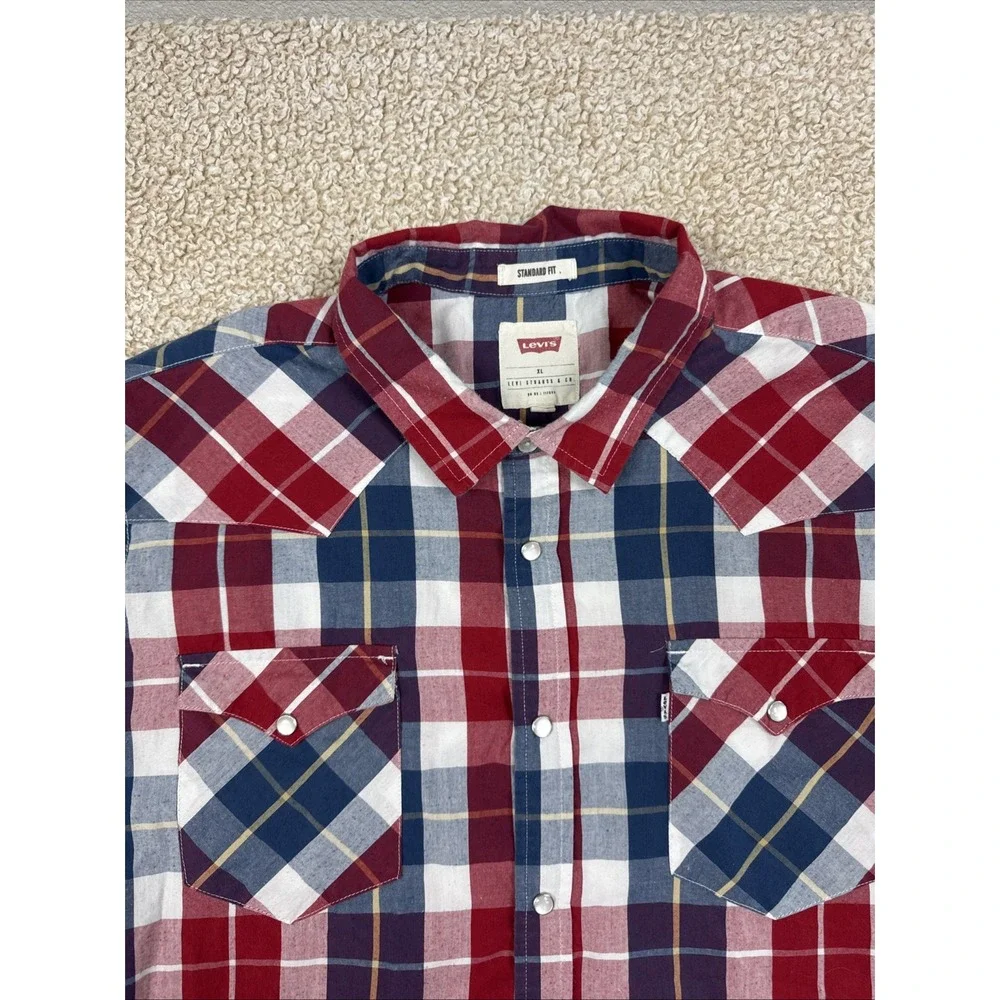 Levi's Flannel Plaid Pearl Snap Button Up Shirt Mens XL Red White Blue Standard